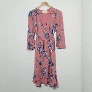 Charles Henry Floral Wrap Dress 3/4 Sleeves V-Neckline Knee Length Womens XS